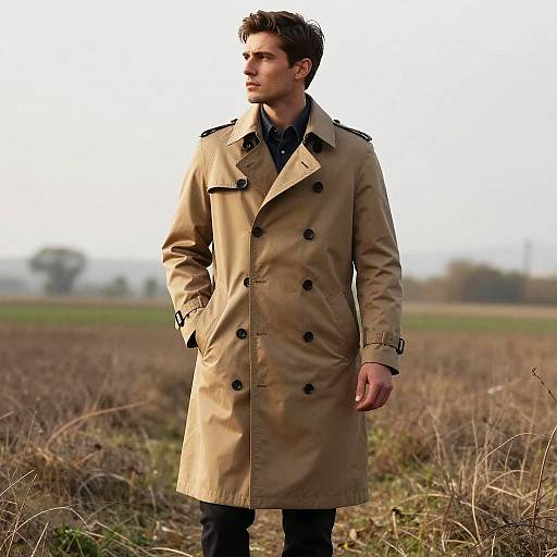 Man in Classic Beige Trench Coat Standing in Field