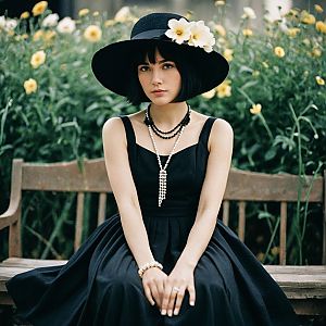 Woman in Vintage Chic Dress with Black Hat in Blooming Garden