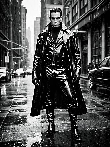 Stylish Man in Black Patent Leather Trench Coat and Boots on Urban Street