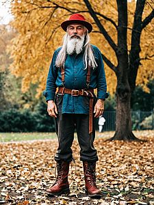 Stylish Older Man in Autumn Park Wearing Red Fedora and Leather Boots