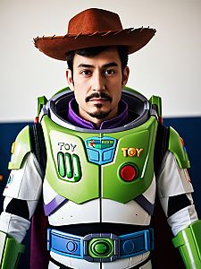 Photorealistic Man in Toy Story Buzz Lightyear Cowboy Cosplay Costume Portrait