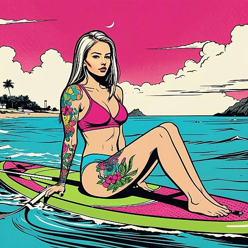 Pop Art Woman with Tattoos on Paddleboard at Tropical Beach