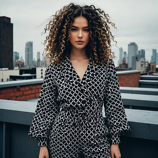 Urban Fashion Portrait of Woman with Curly Hair in Patterned Jumpsuit