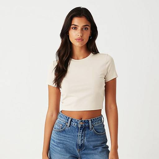 Gen Z Fashion Woman in Beige Cropped T-Shirt and Blue Jeans