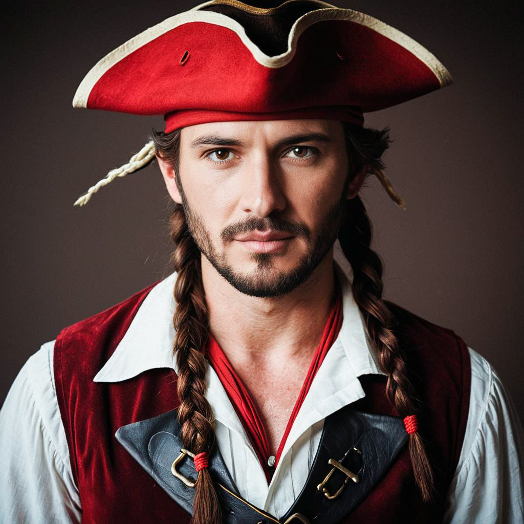 Man in Pirate Costume with Red Tricorn Hat