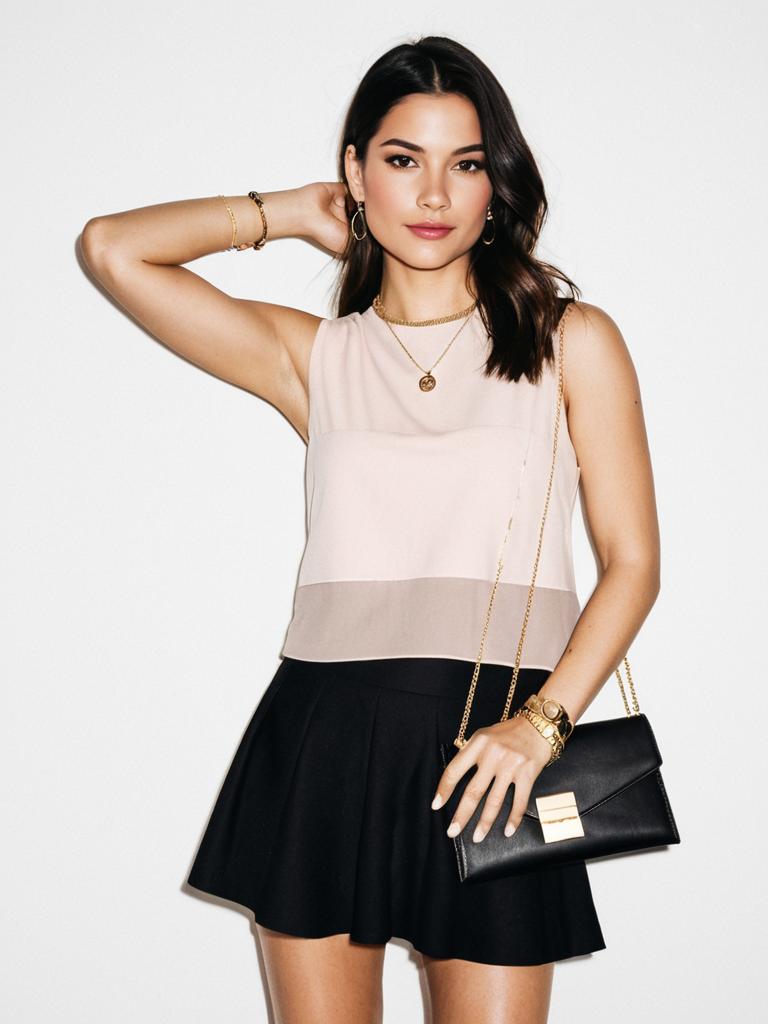 Woman in Contemporary Casual Blush Sleeveless Top with Sheer Panel and Black Skirt
