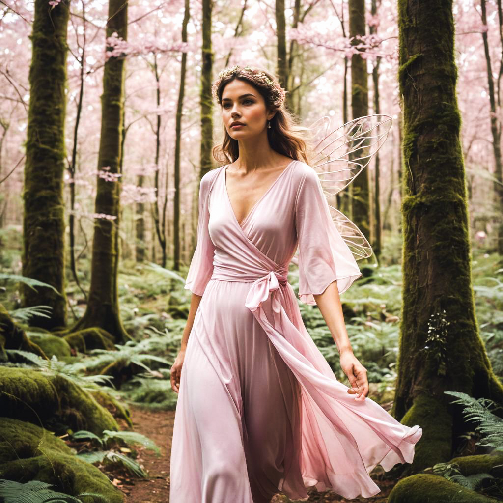 Ethereal Woman in Pink Gown with Fairy Wings in Cherry Blossom Forest