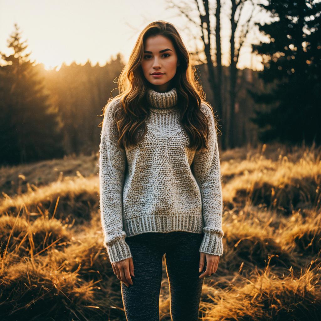 Woman Wearing Knitted Sweater in Autumn Landscape at Sunset