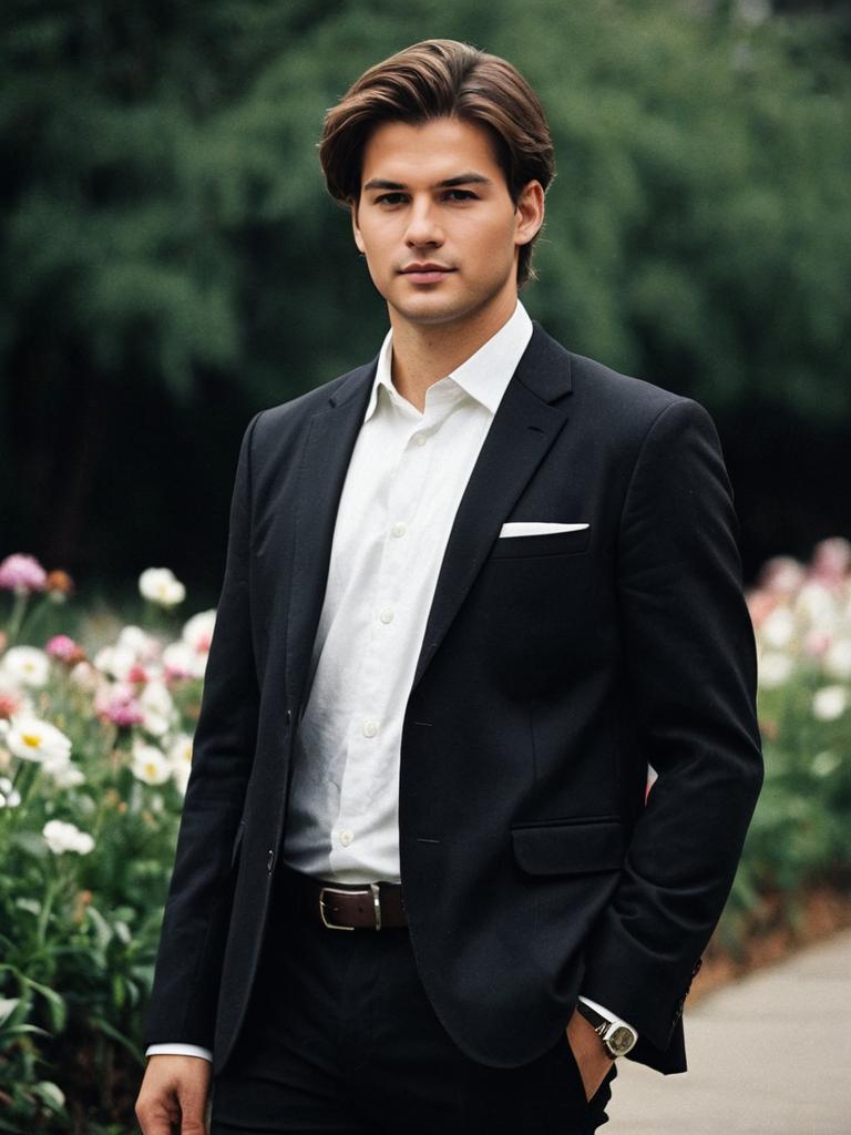 Stylish Young Man in Black Coat Suit with White Shirt Outdoors