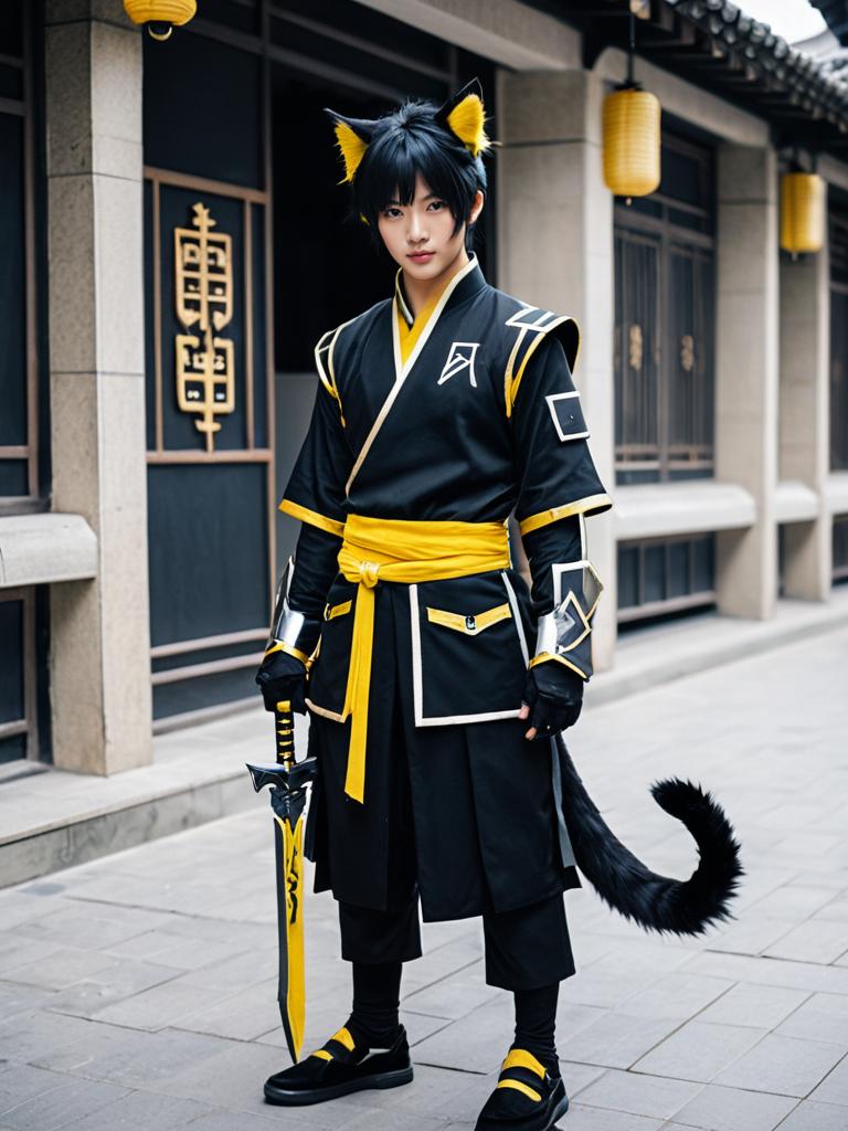 Arknights Cosplay Man in Black and Yellow Outfit with Cat Ears and Tail