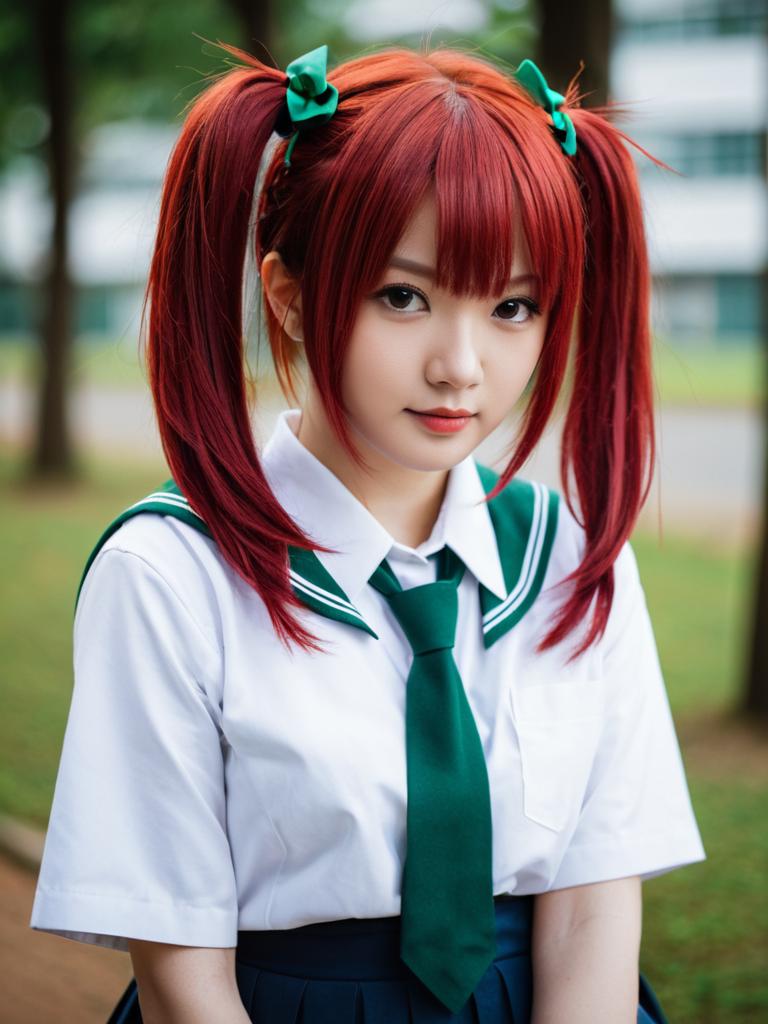 Red-Haired Woman in Japanese School Uniform Cosplay with Green Accents
