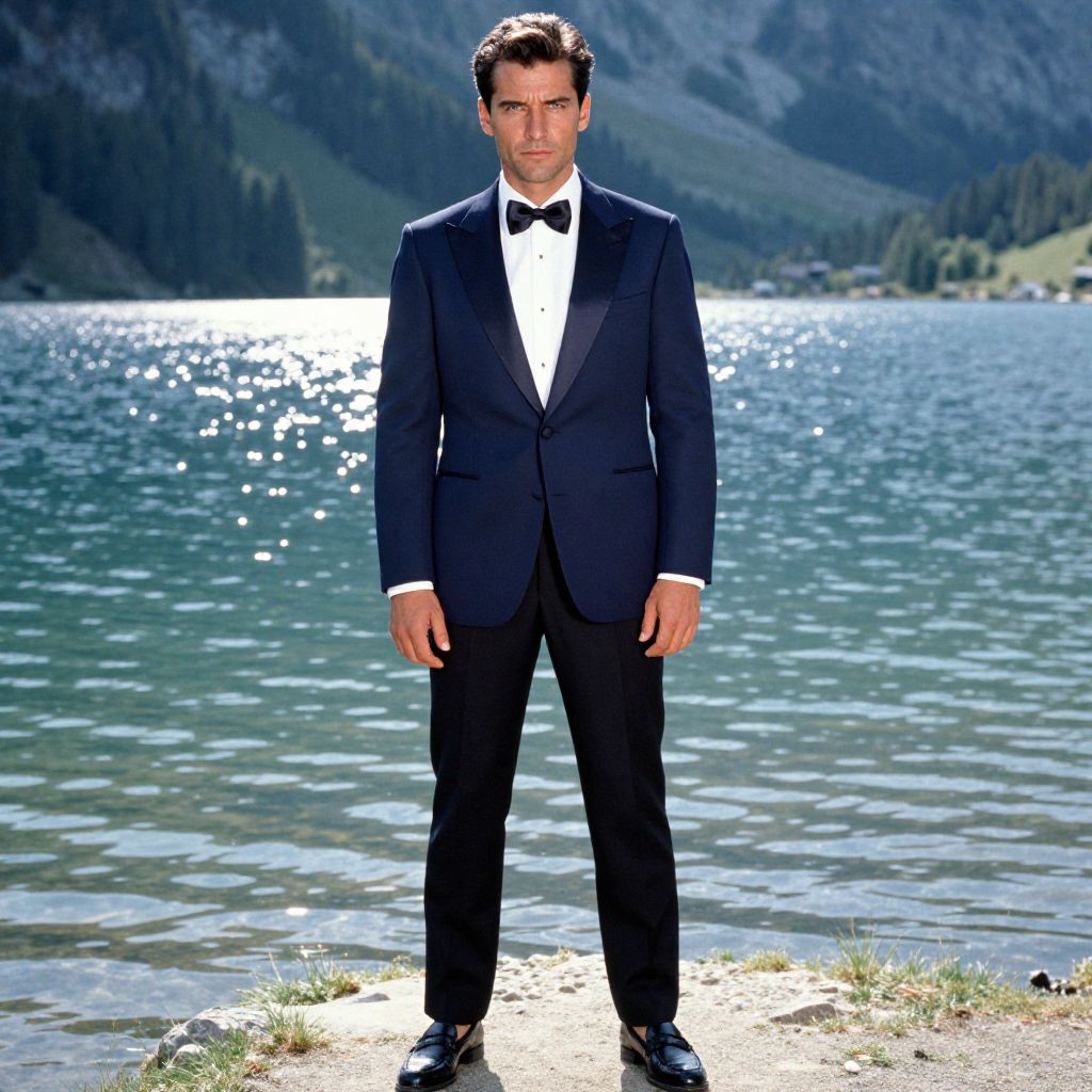 Man in Navy Tuxedo Standing by Mountain Lake