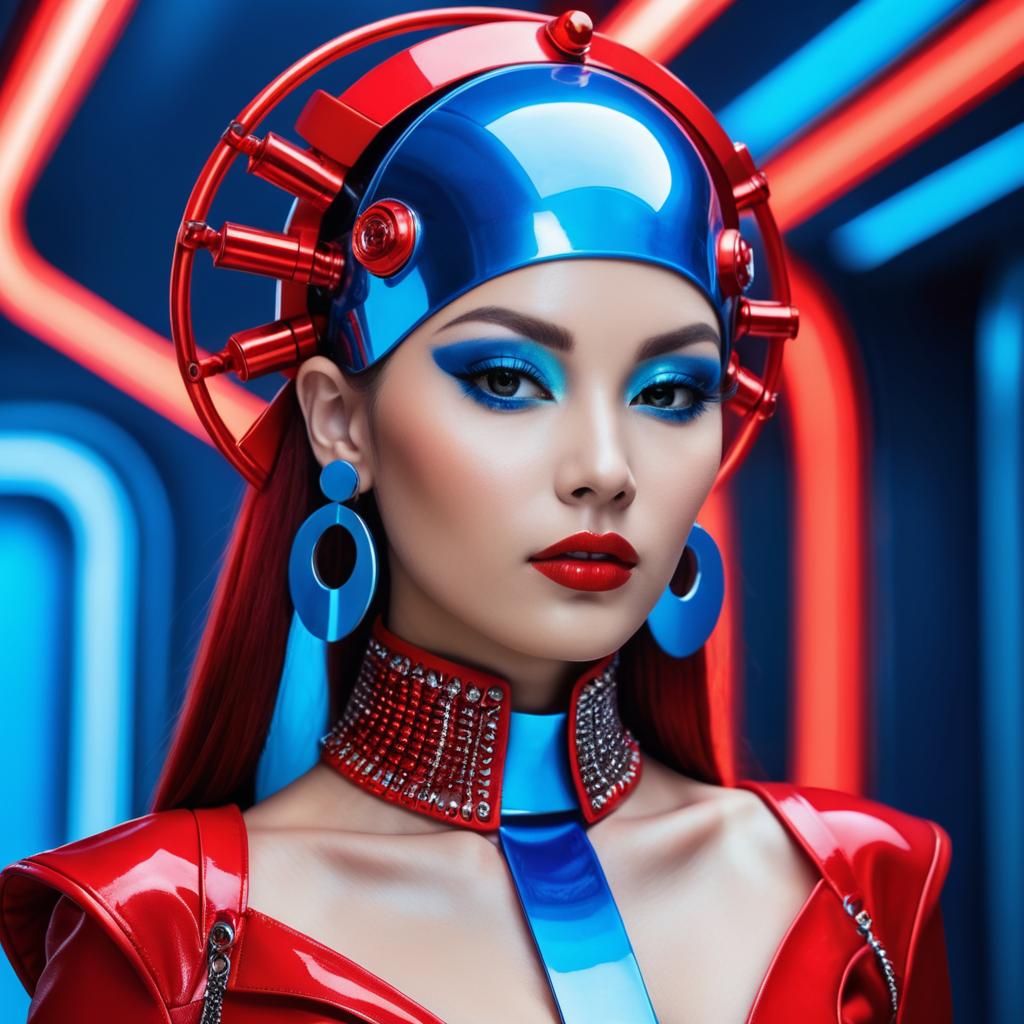 Futuristic Woman in Cyberpunk Red and Blue Outfit with Neon Lights
