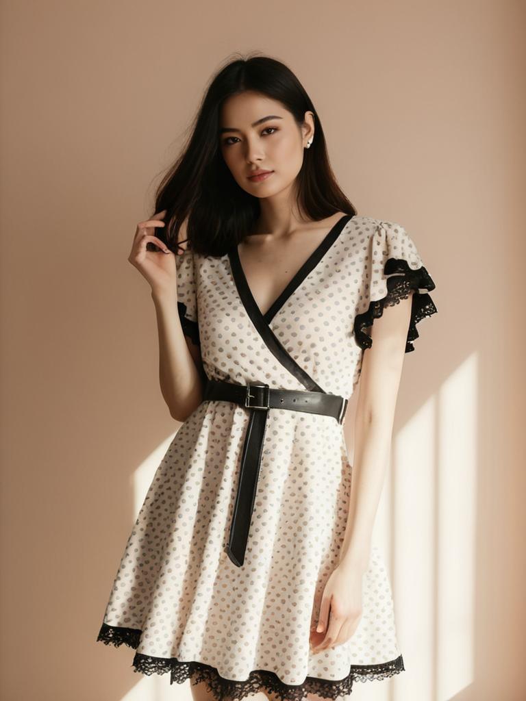 Woman Wearing Casual Chic Polka Dot Dress with V-Neckline and Black Belt