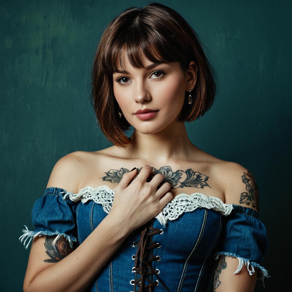 Young Woman in Denim Corset with Floral Tattoos Portrait
