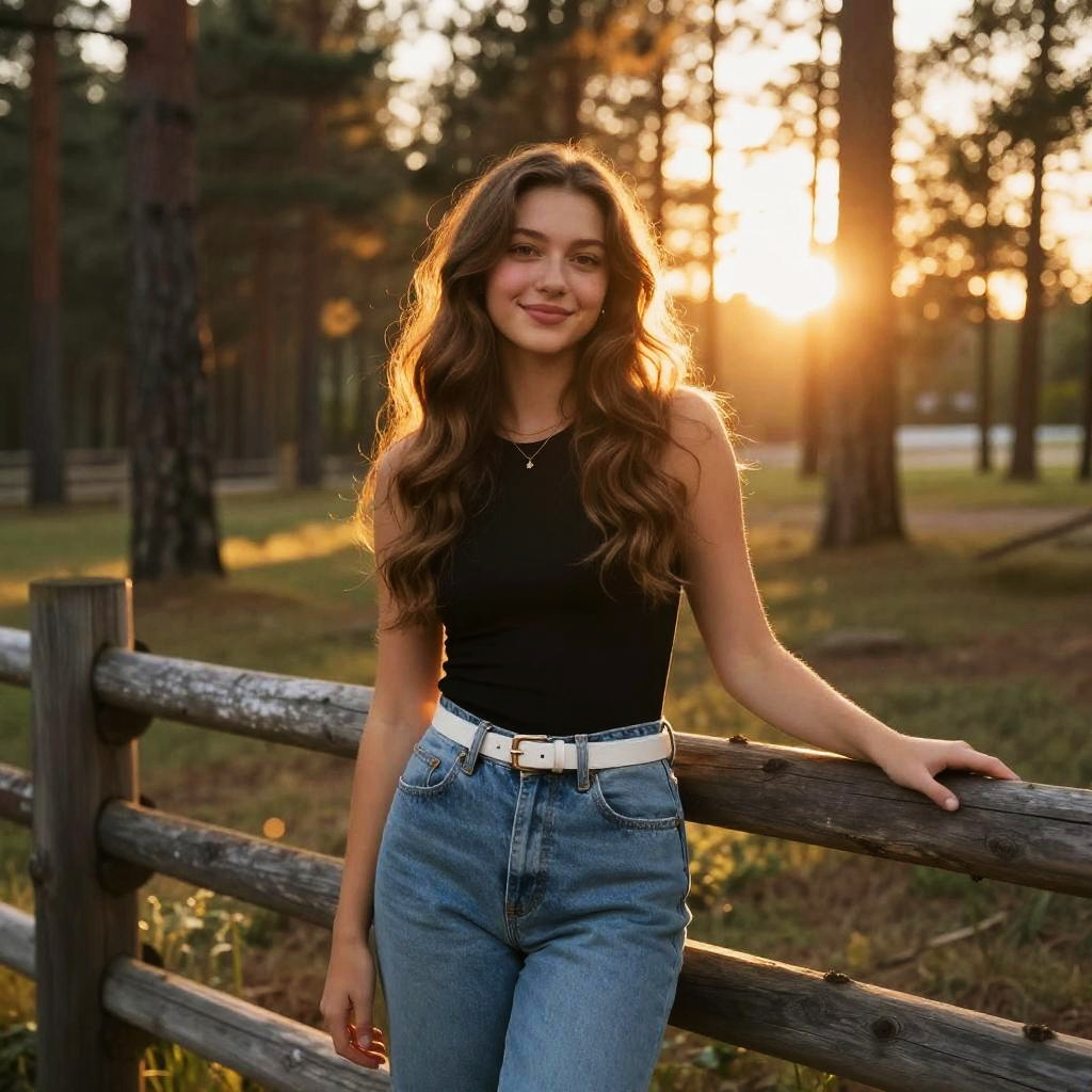 Gen Z Woman in Casual Outfit Leaning on Wooden Fence at Sunset