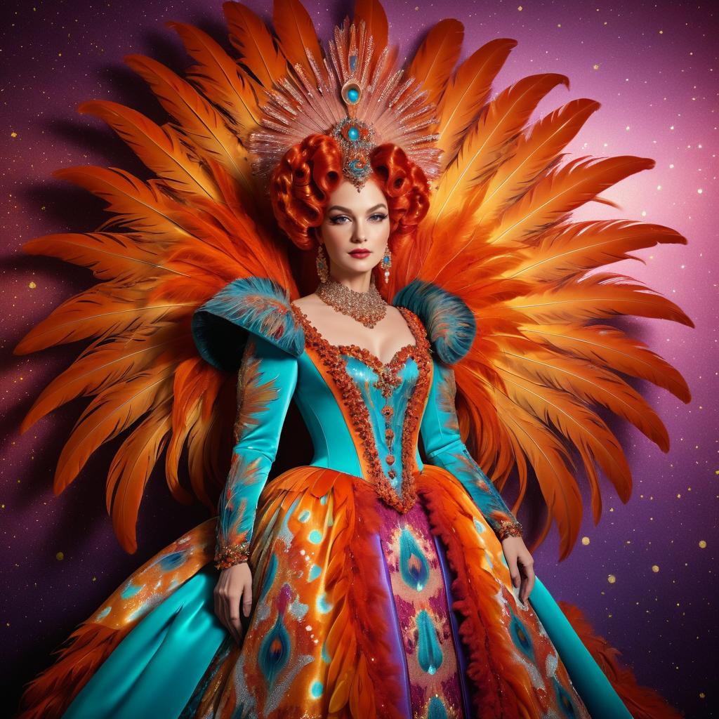 Elegant Woman in Colorful Feather Costume