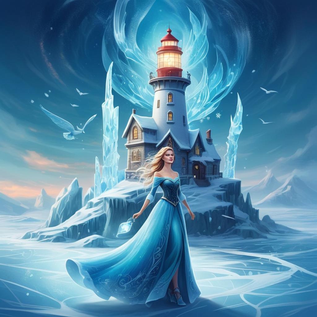Woman in Blue Gown at Glowing Lighthouse on Ice