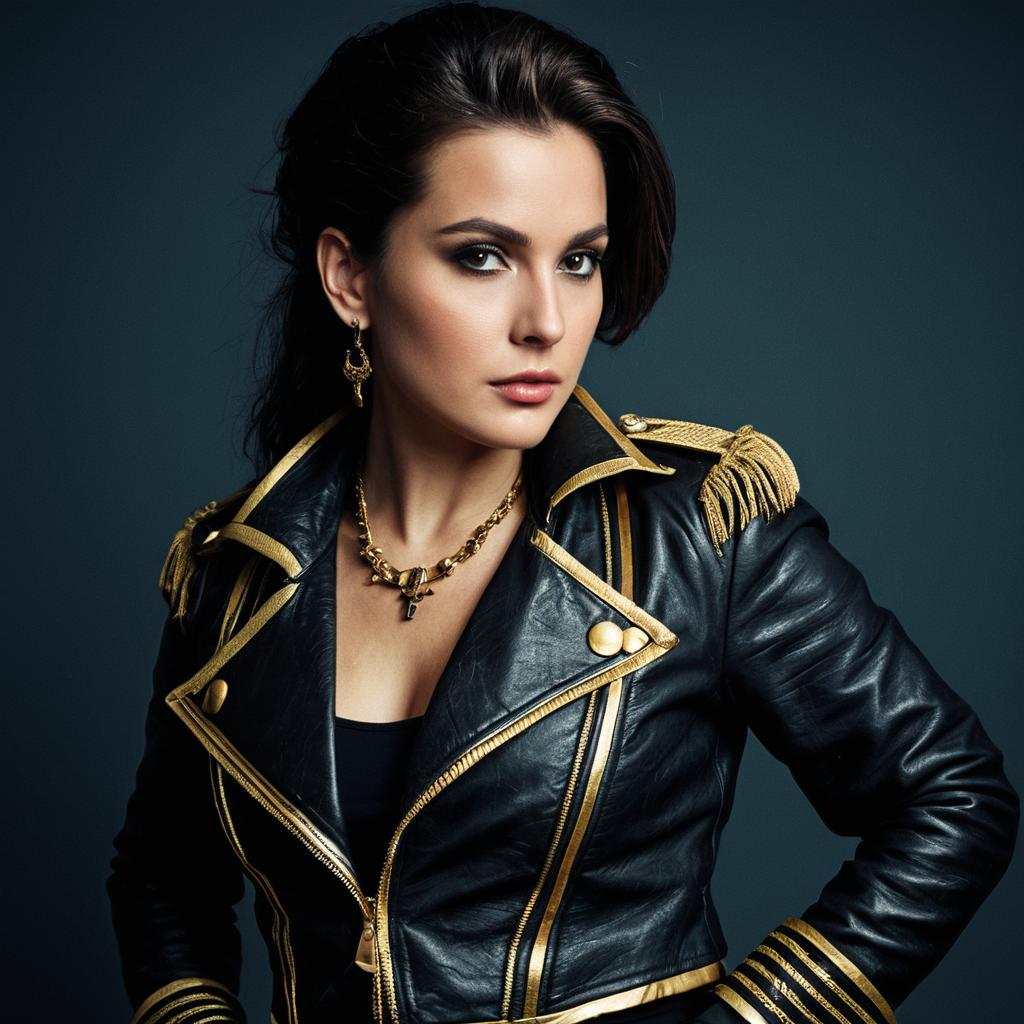 Confident Woman in Black and Gold Leather Jacket High-Fashion Portrait