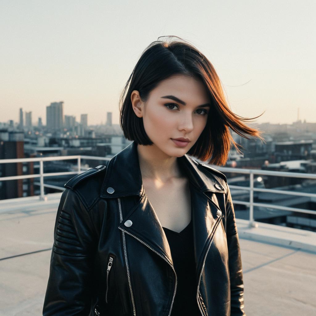 Urban Portrait of Woman in Black Leather Jacket on Rooftop at Sunset