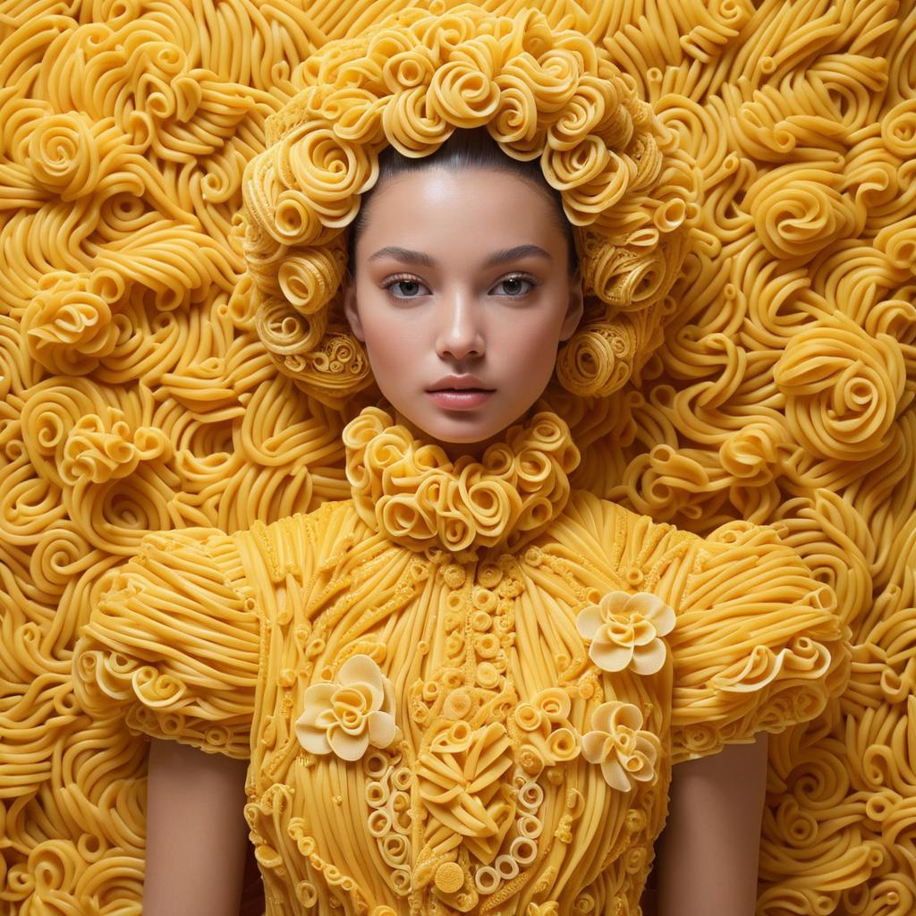 Woman in Pasta Fashion with Vibrant Noodle Background