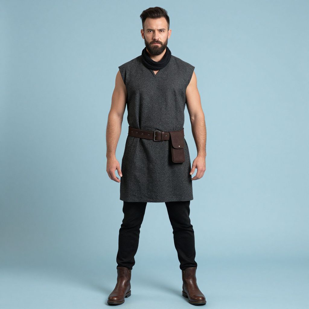 Man Wearing Medieval-Inspired Sleeveless Tunic with Belt Pouch and Boots