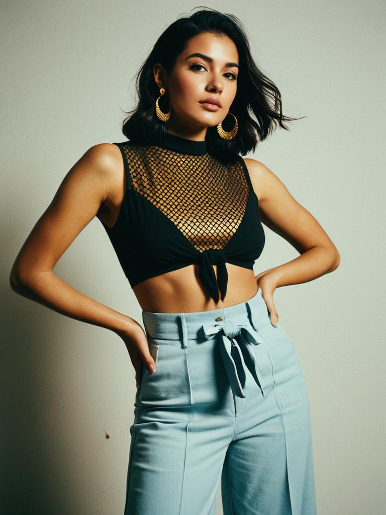 Woman in Contemporary Casual Black Mesh Crop Top with Embroidered Detail and High-Waisted Trousers
