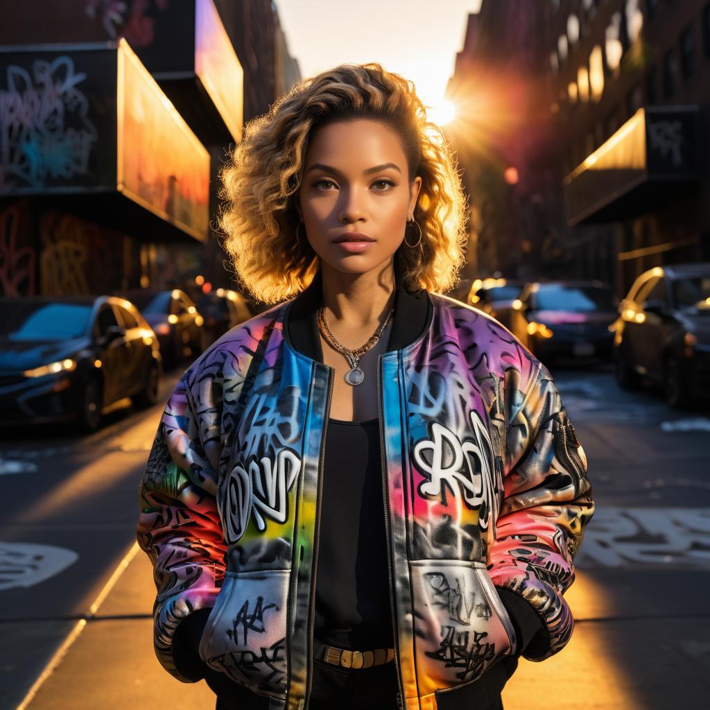 Confident Woman in Colorful Graffiti Jacket at Sunset