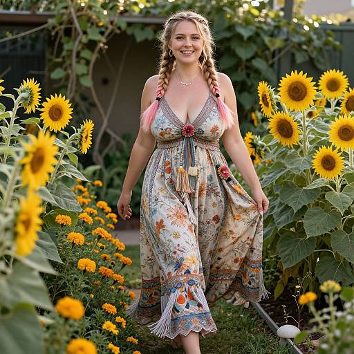 Woman in Bohemian Floral Dress Walking Through Sunflower Garden