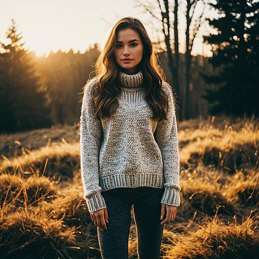 Woman Wearing Knitted Sweater in Autumn Landscape at Sunset
