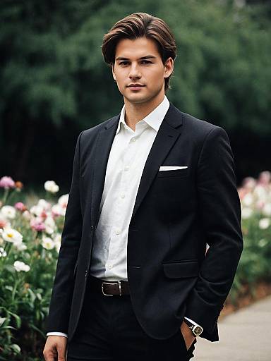 Stylish Young Man in Black Coat Suit with White Shirt Outdoors