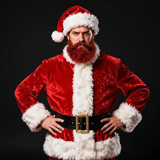 Serious Man in Classic Santa Claus Costume with Red Beard