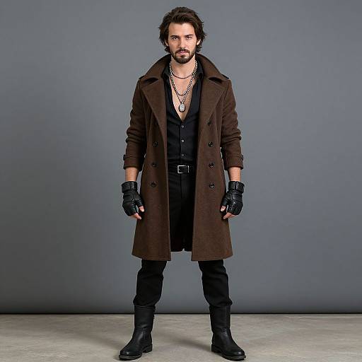 Edgy Man Wearing Brown Coat and Black Outfit Standing Against Gray Background