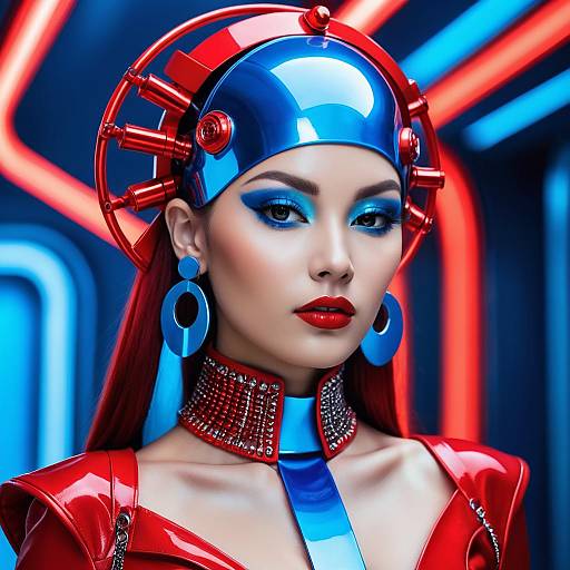 Futuristic Woman in Cyberpunk Red and Blue Outfit with Neon Lights