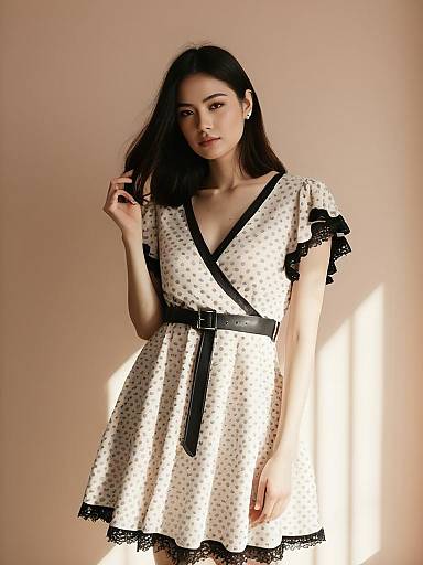Woman Wearing Casual Chic Polka Dot Dress with V-Neckline and Black Belt