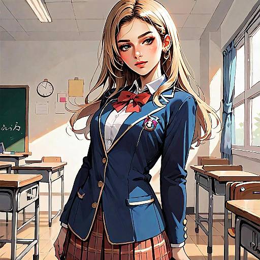 Anime Schoolgirl in Blue Uniform Standing in Classroom