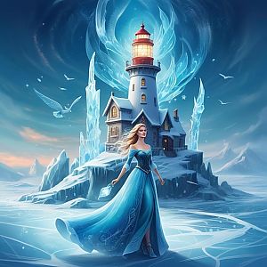 Woman in Blue Gown at Glowing Lighthouse on Ice