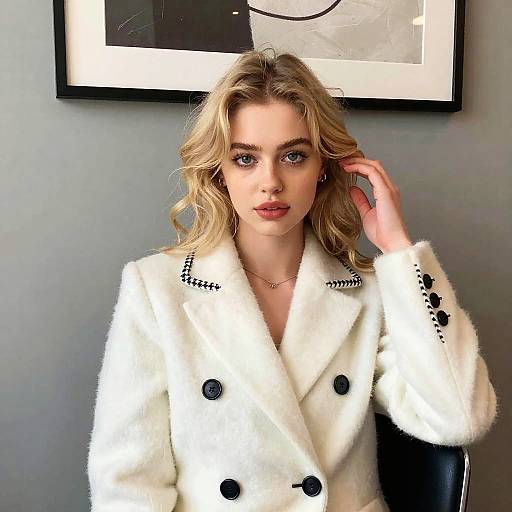 Young Woman Wearing Elegant White Wool Coat Stylish Indoor Portrait