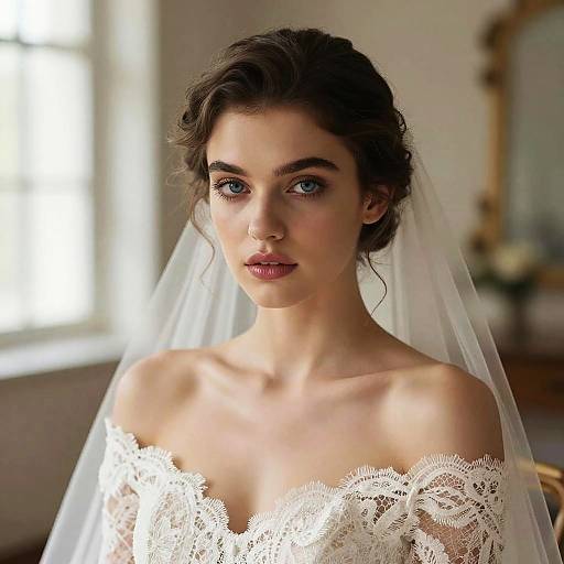 Elegant Bride Wearing Lace Off-Shoulder Wedding Dress and Veil