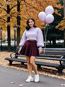 Stylish Woman in Lilac Sweater Holding Balloons in Autumn Park