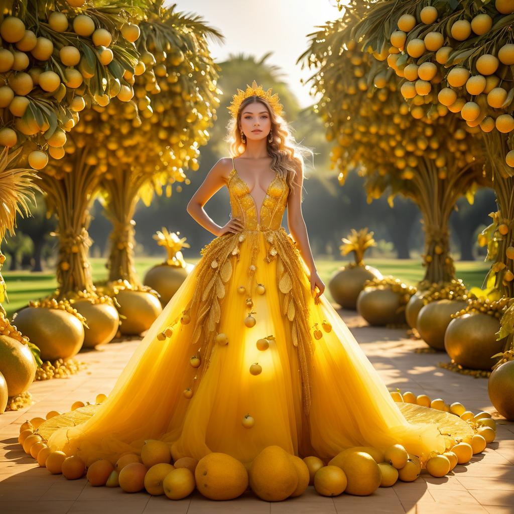 Elegant Woman in Yellow Gown Among Orange Trees