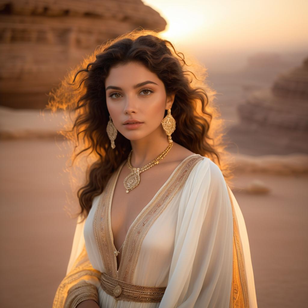 Graceful Woman in White Dress with Gold Jewelry in Desert