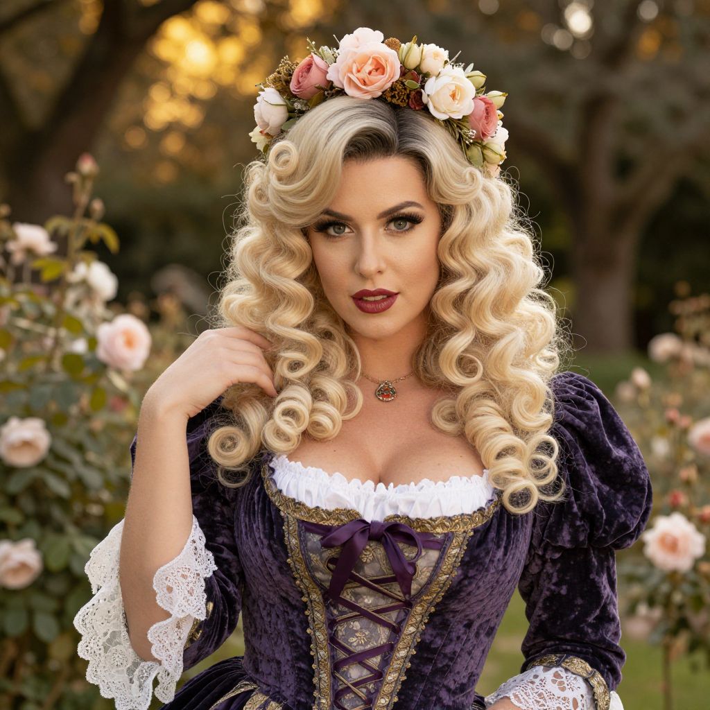 Renaissance Style Woman in Purple Velvet Gown with Floral Crown in Garden