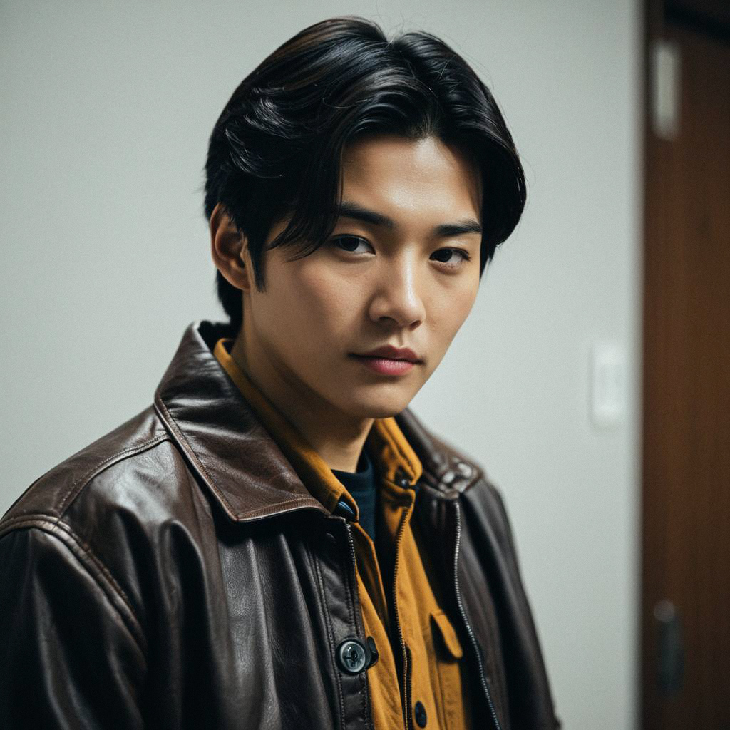 Confident young man in leather jacket