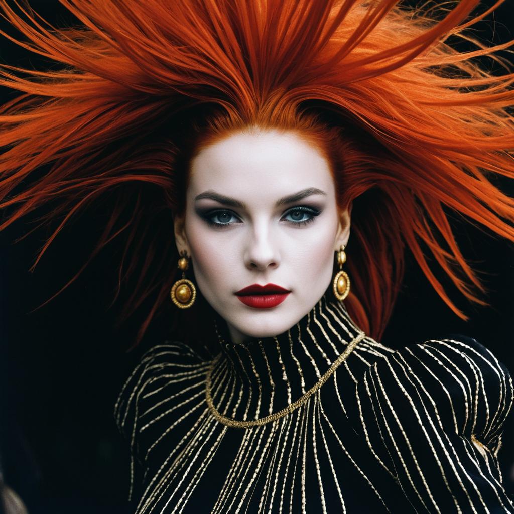 Dramatic Portrait of Woman with Vibrant Red Hair and Elegant Gold Accents