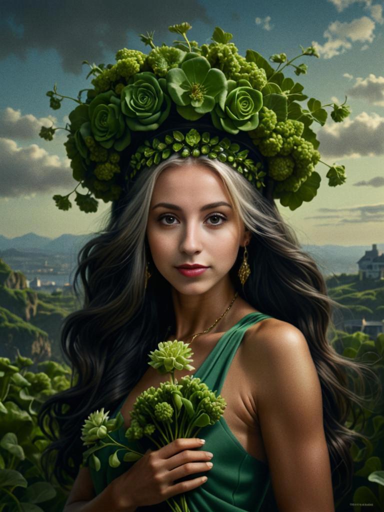 Woman with Green Floral Crown in Nature