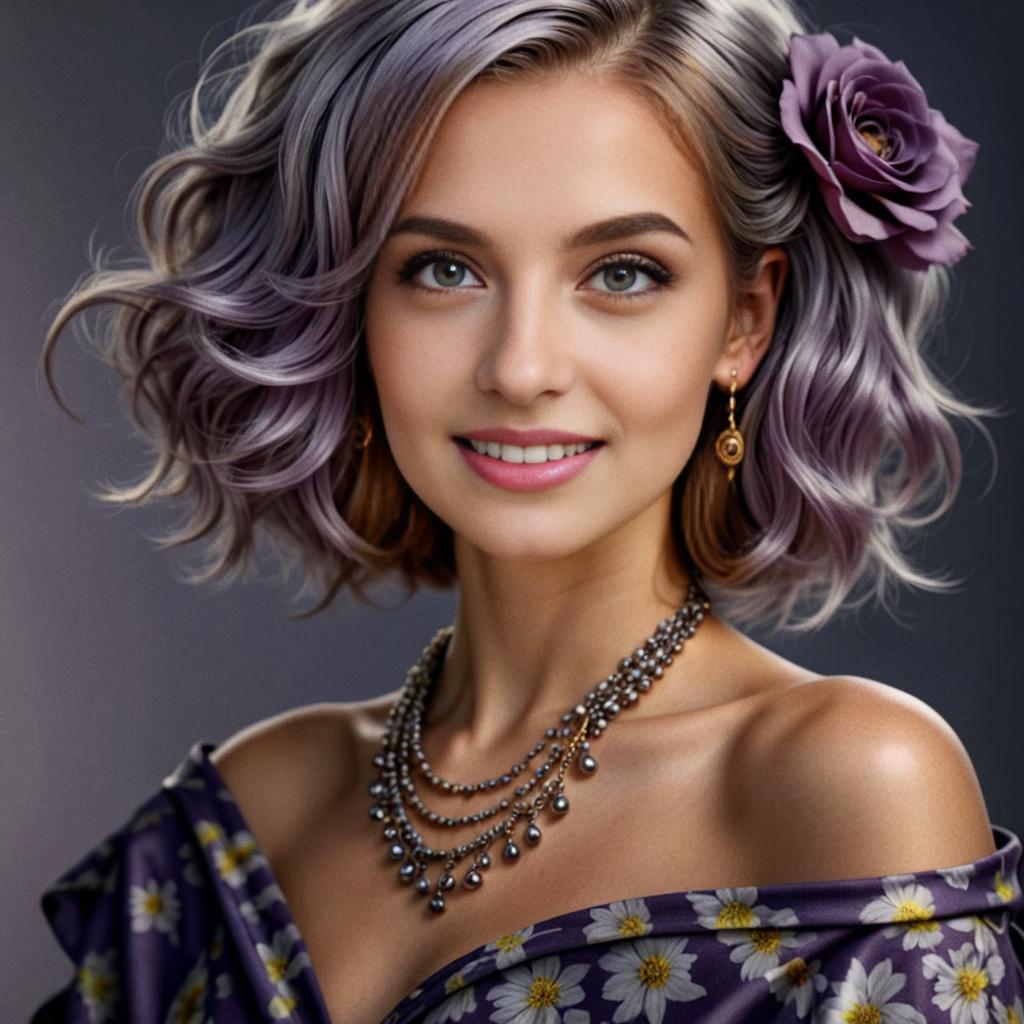 Elegant Woman with Wavy Hair and Purple Flower