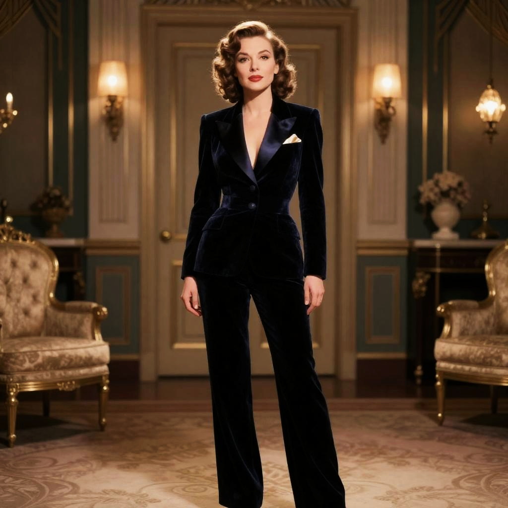 Elegant Woman in Vintage Black Velvet Pantsuit in Classic Hollywood Glamour Style