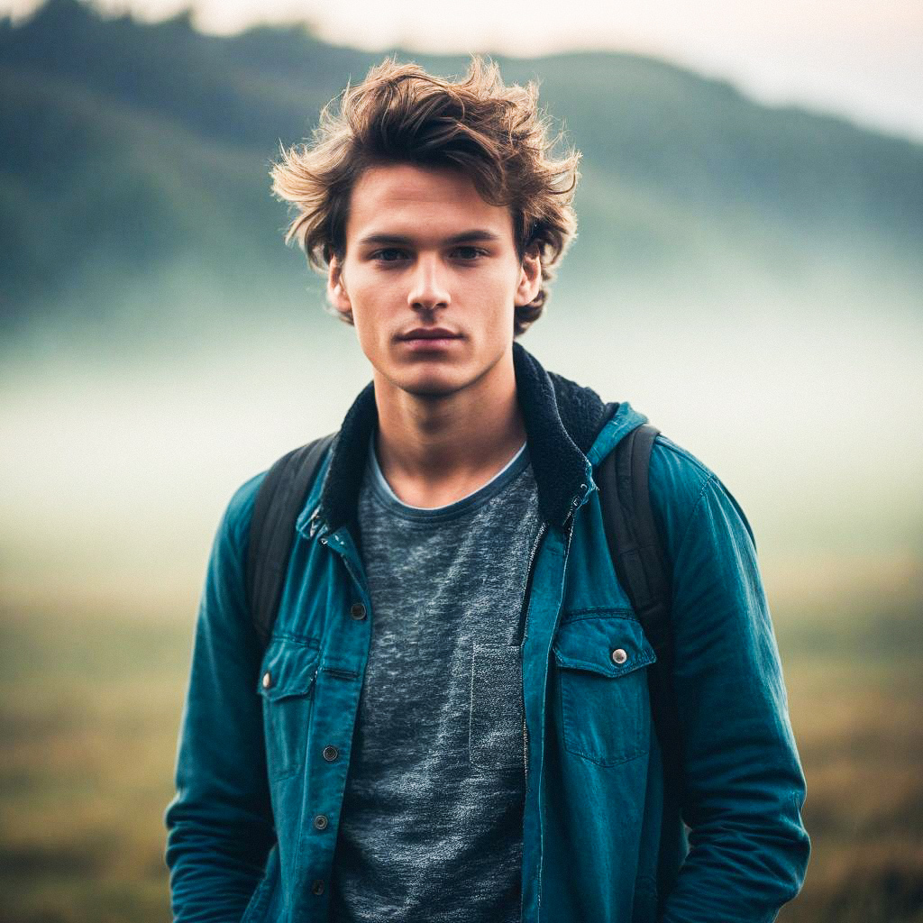 Young Man in Teal Jacket in Misty Outdoor Setting
