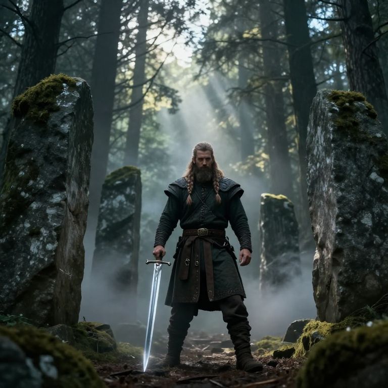 Viking Warrior with Sword in Mystical Forest Standing Stones